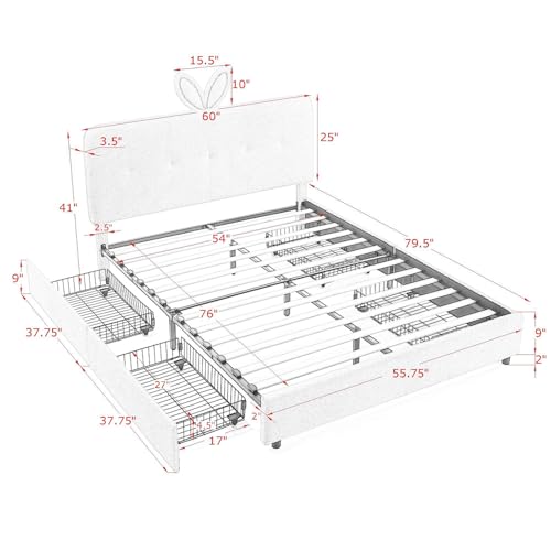 Image of Full Led Bed Frame with 4 Storage Drawer, Upholstered Platform Floor Bed with Rabbit Ear Headboard Daybed Strong Wooden Slats No Box Spring Needed for Kids Girls Boys, Beige