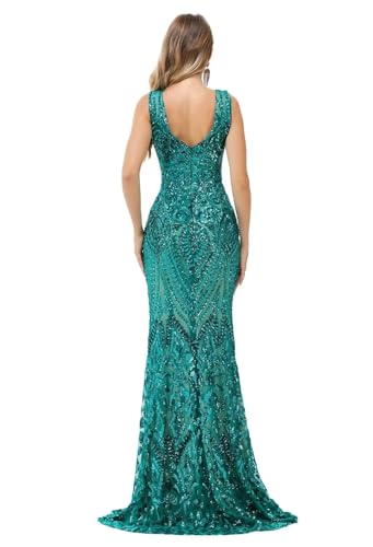 Image of Women's Wedding Bridesmaid Gown Sequined Mermaid V Neck Sleeveless Evening Dress