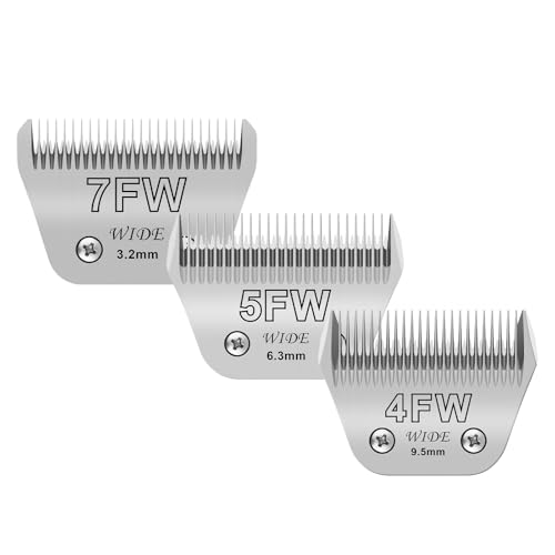 3-Pack Wide Blades for Pet Grooming Compatible with Andis A5/Oster/Wahl KM10 Clippers 1/8 to 3/8 Cutting Length Replacement Blades for Dog Hair Trimming7FW+5FW+4FW Wide