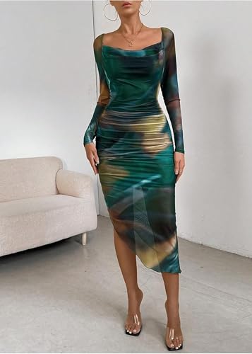 Image of MOEENCN Sexy Women's Bodycon Midi Dress Long Sleeve High Slit Cowl Neck Floral Print Cocktail Party Club Ruched Dresses