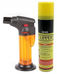 VIOVI Refillable Butane Gas Torch Lighter with Gas Can Refill - Windproof Sharp Jet Flame Butane Torch Lighter, Pocket Lighter for Cigarette and Cigar (Orange)