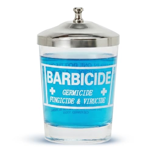BARBICIDE Disinfectant Jar (Small - 4 Fl Oz) Durable Glass Immersion Container with Stainless Steel Lid and Tray Professional Barber Tool Sanitizer for Combs Nail Tools Brushes & Implements