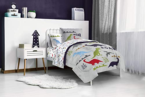 Image of Trend Collector Dinosaur Twin Comforter Set 5 Piece Kids Bedding, Gray | Bed in a Bag, Comforter Sheets Sham Pillowcase, Official Brand, Soft Microfiber, Machine Washable, Easy Care, Boys Gift
