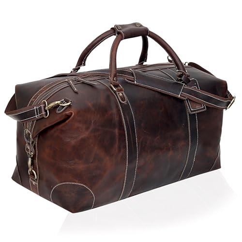 Leather Travel Duffle Bag 24 inch Genuine Buffalo Leather Sports Bag Gym Duffel for Men Airplane Under Seat Carry on Bags Overnight Weekender Duffel (Brown)