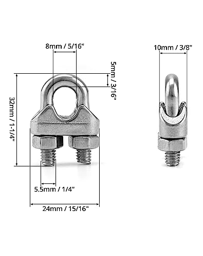 QWORK 1/4\" Wire Rope Clamp Clip M6, 50 Pack Large U Bolt Saddle Guy Fastener, 304 Stainless Steel Fastener Cable Clamps, Connect 2 Layers of Wire to Form a Loop - Thumbnail 6