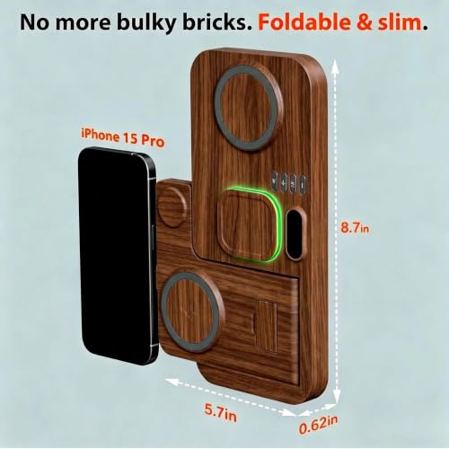 Image of Dual Phone Magnetic Wireless Charging Station for Apple Devices, 7-Color Auto Light & 12H Clock, Multi-Device Charger for iPhone 17 /16 /15, for iWatch 11 /10 /9 & AirPods Pro3(Wood