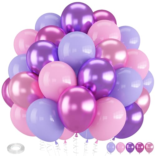 Image of Pink and Purple Balloons, 60 PCS 12 Inch Metallic Purple and Pink Latex Balloons for Girls Princess Birthday Baby Shower Wedding Party Decorations