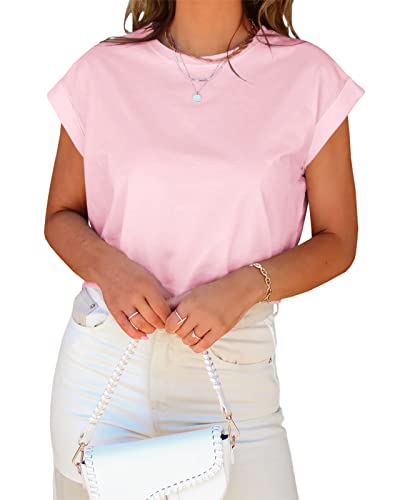 Image of Tankaneo Womens Short Sleeve Cropped T-Shirts Summer Rolled Dolman Sleeve Crop Tops Casual Round Neck Solid Short Basic Tees