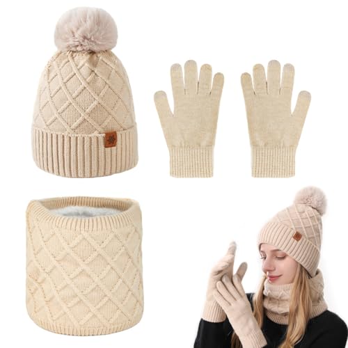 XHYASD Conjunto Bufanda y Gorro y Guantes Mujer 3 en 1 – Gorro, Bufanda y Guantes de Punto con Forro Polar, Cálidos y Elegantes para Uso Diario, Trabajo y Actividades al Aire Libre (Beige)