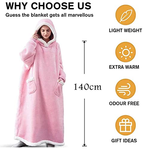 EAHOME Extra Long Hoodie Blanket Sweatshirt 3XL for Women Men 1pcs, Super Warm and Cozy Big Blanket Hoodie, Wearable Flannel Blanket with Sleeves and Pocket Pink