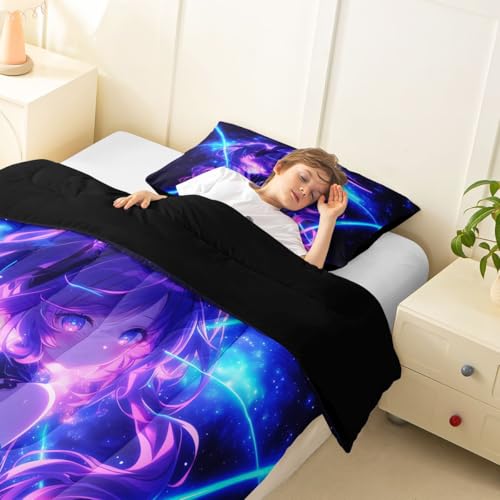Image of Erosebridal 3D Anime Kids Bedding | Japanese Girl Twin Comforter Sets,Girly Galaxy Stars Comforter Purple Neon Duvet Insert with 1 Pillow Case