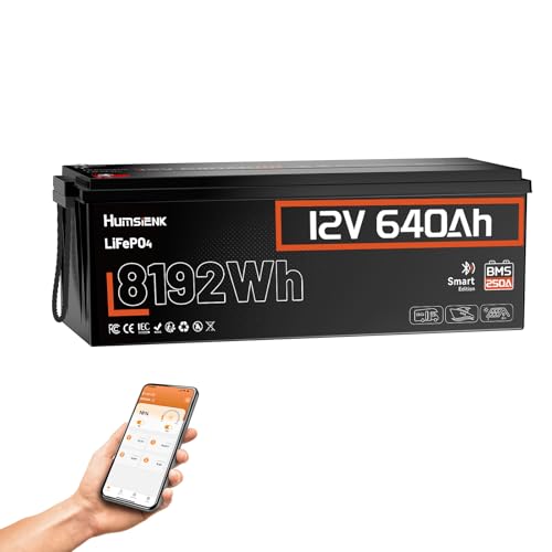 Image of HumsiENK 12V 640Ah LiFePO4 Battery, 8.19kWh Massive Capacity Lithium Battery with 250A BMS (3200W Output), Bluetooth & Low-Temp Cut-Off, Replaces 6x 12V 100Ah for RV, Off-Grid Solar, Marine