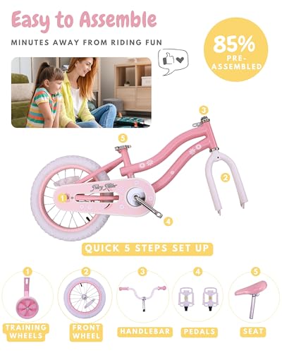 Image of bicystar Girls Bike Ages 2-8, 12-18 Inch with Training Wheels, Pink /Blue | Removable training wheels, basket and streamers, carbon steel frame, adjustable seat & handlebar, coaster or hand brake