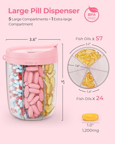 Image of AMOOS Large Pill Dispenser with 6 Compartments, Anti-Mix Pill Bottle Organizer with Wide Opening & Easy Retrieval, Vitamin Organizer for Travel, BPA-Free Pill Box with a Strap, Pink