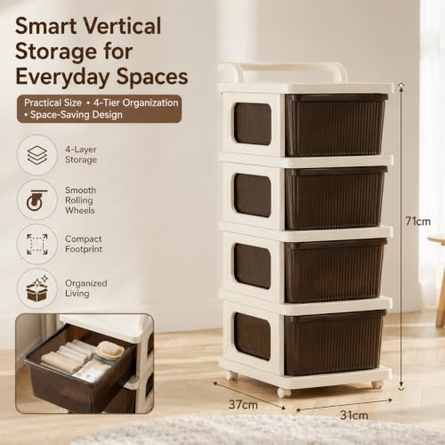 Image of Heavy Duty Plastic Storage Drawer with Wheels | Modular Cabinet for Bedroom, Office, Home or Classroom| Chest of Drawers Organiser for Cosmetics, Kitchen items, Toys (Brown, 4)