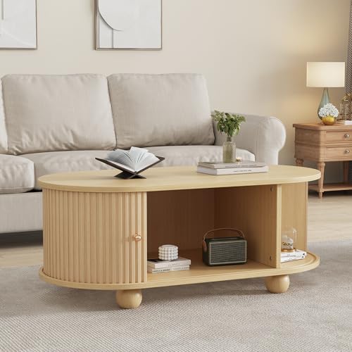 Merax Table basse ovale moderne avec portes coulissantes - Table de salon avec beaucoup d'espace de rangement - Table d'appoint multifonction - Peu encombrante...