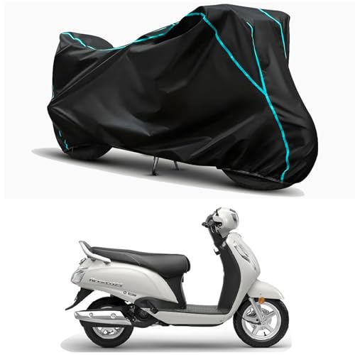Image of Waterproof Bike Body Cover Compatible for | Suzuki Access 125 Drum | Taffeta Fabric, Sky Piping Design, Bottom Elastic Fit | Dustproof, Sun UV & Rain Protection for All Weather.