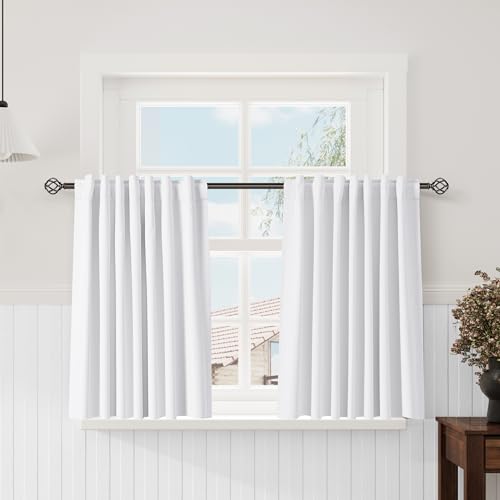 Image of Nanspring White 100% Blackout Linen Curtains for Bedroom 45 Inches Long Back Tab Thermal Insulated Modern Farmhouse Decor Black Out Curtain for Living Room Dining Room Neutral Drapes 52x45, 2 Panels