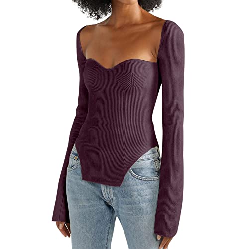 Image of Women's Square Neck Ribbed Knitted Sweater Long Sleeve Crop Slim Fitted Basic Pullover Tops