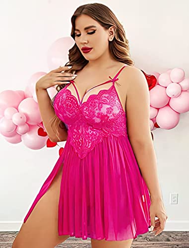 Image of Plus Size Lingerie Lace Babydoll Womens Strap Chemise Nightgown V Neck Nighty Mesh Sleepwear Side Slit Nightdress with G-Sting Panty