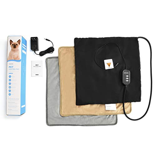 OMORC Pet Heating Pad, 12V Safe Cat Heating Pad with 3 Level Timer & Temperature Settings & 2 Replaceable Cover, Auto Power-off Built-in Thermostats and Anti-Bite Tube, 18" x 18" Mat for Dog Cat Pets