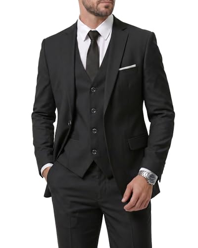 MY'S Men's 3 Piece Solid Suit Set, One Button Slim Fit Jacket Vest Pants with Tie, Black