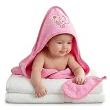 CangooCare© Accappatoio 2 Pz Neonato Bambino Fino a 5 Anni, 100% Cotone Ecologico All'esterno, Spugna Assorbente All'interno, Con Cappuccio e Guanto, dimensioni 85x100 cm, Rosa Con Topolino Ricamato