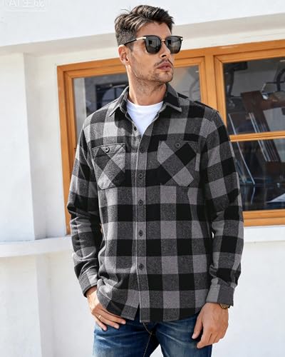 Image of WARHORSEE Flannel Shirt for Men Long Sleeve Button Down Plaid Shirts | Soft Cotton Blend for Multi-season Wear, Lightweight yet Warm, Dual buttoned storage pockets, Machine Washable Easy Care