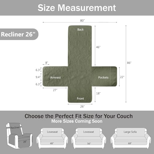 Image of Green Recliner TV Chair Covers, Quilted Decor Water-Repellent Medium Lazy Boy Chair Covers, Pet Friendly Recliner Slipovers for Dogs Cats, Washable Recliner Cover (Recliner 26 inch, Olive Green)