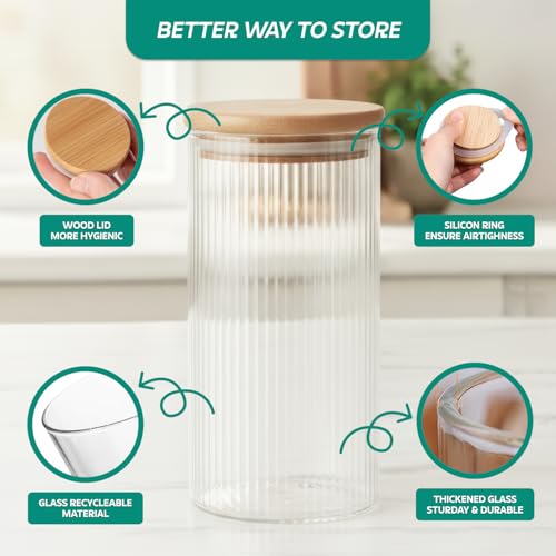 Image of amazon basics Set of 6 Large Fluted Glass Jars with Airtight Bamboo Lids | 1000ml Decorative Storage for Flour Cookies Dry Fruits | Premium Kitchen Canisters BPA-Free