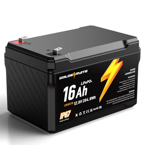 GOLDENMATE 12V 16Ah LiFePO4 Battery, IP67 Waterproof, 12V Li