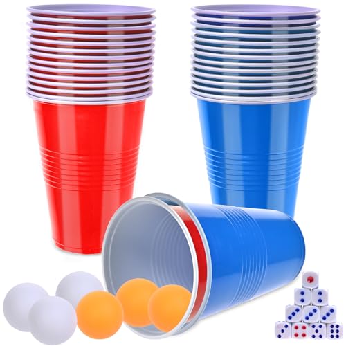 Faburo 46PCS Party Becher Set - Red and Blue Cups Trinkbecher 480ml/16oz mit Tischtennisball Würfel Pong für Weihnachten Geburtstagsfete Hochzeit