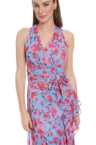 Image of London Times Women's Women's Halter Neck Wrap Maxi Dress with Side Tie and Ruffle Detail - Special Occasion Wedding Guest Dress