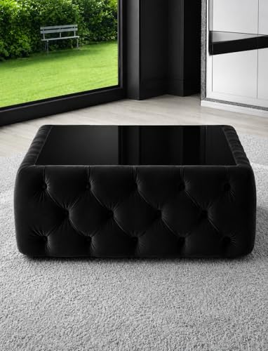 Image of Premium Tufted Upholstered Coffee Table with Mica Top - Modern Square Ottoman Center Table, Soft Velvet Finish, Luxury Living Room Furniture - 30 x 30 x 18 Inch (Black)
