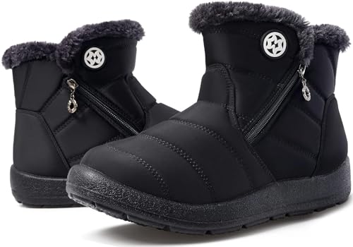 Image of Eagsouni Snow Boots Womens Winter Ankle Boots Ladies Warm Fur Lined Booties Thickening Shoes Zip Flat Sneakers Outdoor Booties