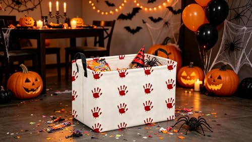 Image of Sanjiaofeng Rectangular Kids Basket Halloween Spooky Storage Bins,Gloomy Storage Basket with Handles.Clothers,Books,Kid's Gifts Bins.Halloween Party Baskets(Blood Hand)