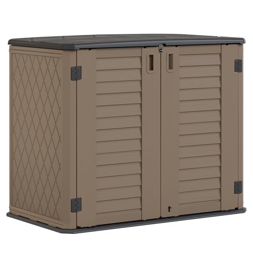 Image of HOMSPARK Storage Shed Weather Resistance, Multi-Purpose Outdoor Storage Cabinet for Backyards and Patios, Horizontal Storage Shed for Lawnmower, Patio Accessories (Coffee, Large - 26 cu.ft)