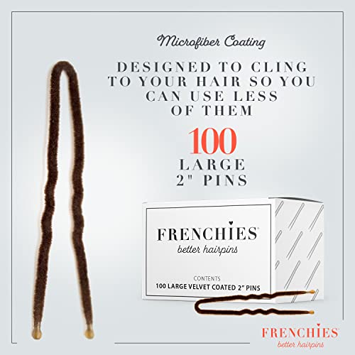 Frenchies French Twist Hair Pin, Ultra Flocked Extra Soft French Hair Pins for Women, Wedding, Updo Extensions, or Wig, 100 Count, Brown, Small (2 inch)