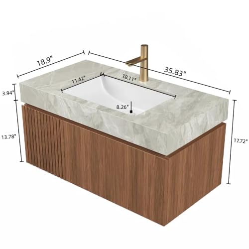 Image of 36 inch Bathroom Vanity with Sink, Wall-Mounted Plywood Bathroom Storage Cabinet with Ceramic Basin & Sintered Stone Countertop, Modern Pre-Assembled Floating Vanity with Drawer & Door, Brown Oak
