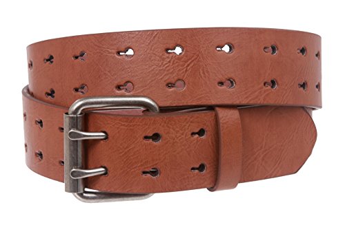 Snap On Two Row Cut-out Holes Leather Belt, Light Tan | M - 36
