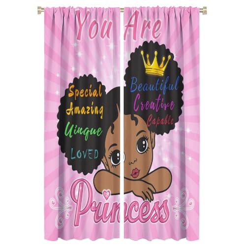 LOMADIA African American Kids Curtain, Afro Black Girls Princess Window Treatments Curtains for Nursery, Pink Cute Girl Style Decor 2 Panels Drapes for Girl Bedroom Children's Room 42x63in