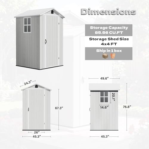 Image of Devoko 4x4 FT Resin Storage Shed with Floor, Plastic Outdoor Garden Shed with Windows and Lockable Doors, Waterproof Outside Tool Sheds for Patio Backyard Lawn, Light Gray
