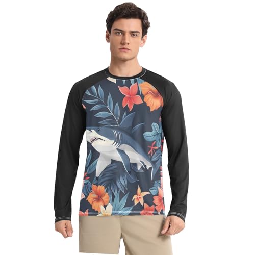 Bolaz Mens UV Protection Shirts Rash Guard Long Sleeve UPF 50+ Shark Tropical Flowers Quick Dry S