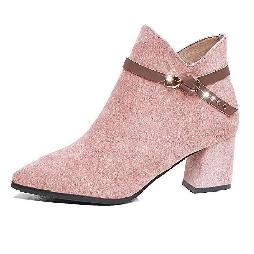 JUNSHANG Botines de tacón Grueso con Punta en Pico y Cremallera Lateral para Mujer, Botines de tacón Alto de Gamuza, cómodos, a la Moda,Pink- 38 Cover