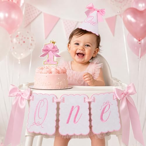 Image of 3Pcs Pink Bow First Birthday Decorations Highchair Banner for Girl,1st Birthday High Chair Garland,Cake Topper & Hat for One Year Old Birthdays Party Decoration,Baby Shower,Princess Fairy Photo Props
