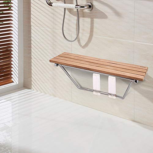 image for WATERJOY Teak Wood Folding Shower Seat, Wall Mounted Bathroom Folding 