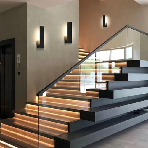 Image of Aluminum LED Modern Wall Sconces Set of 2, 18W Matte Black Waterproof Sconce Wall Lighting Indoor Outdoor, Hardwired Wall Lights for Office,Porch, Bedroom, Bathroom, Living Room,Stairway