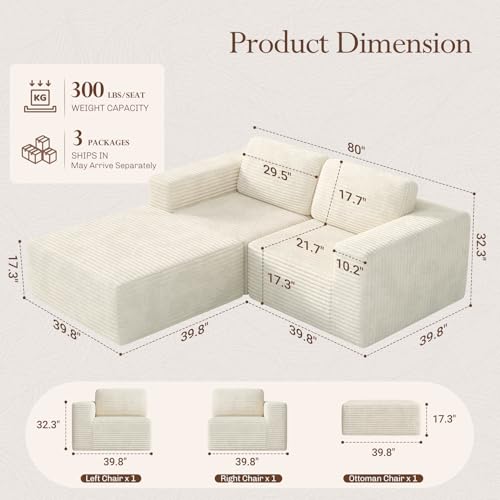 Image of Vesgantti 80 inch Modular Sectional Sofa, Corduroy Cloud Couch with Deep Seats & Spring Support, Compact 2 Seater Boneless Couch, L-Shaped Modular Sofa for Small Spaces, Apartments, No Assembly, Beige