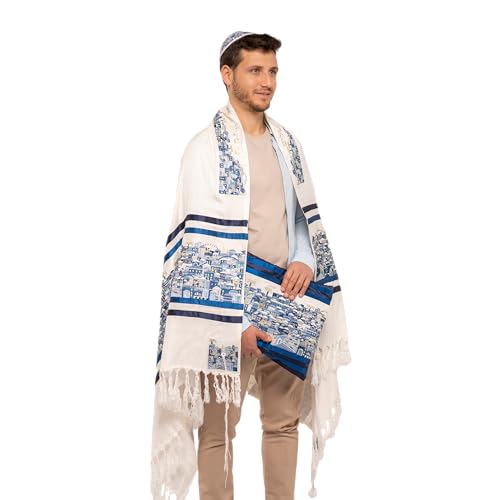 Yair Emanuel Premium Tallit Silk Embroidered Jerusalem Vista | Blue and White Tallis Prayer Shawl