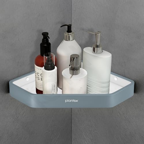 Image of Plantex Corner Shelf for Bathroom /Aluminium and Acrylic Multipurpose Bathroom Shelf Rack /10x10 inch Bathroom Corner Shelf Rack /Bathroom Shelf Organizer-Pack of 1(Grey and Milky White)